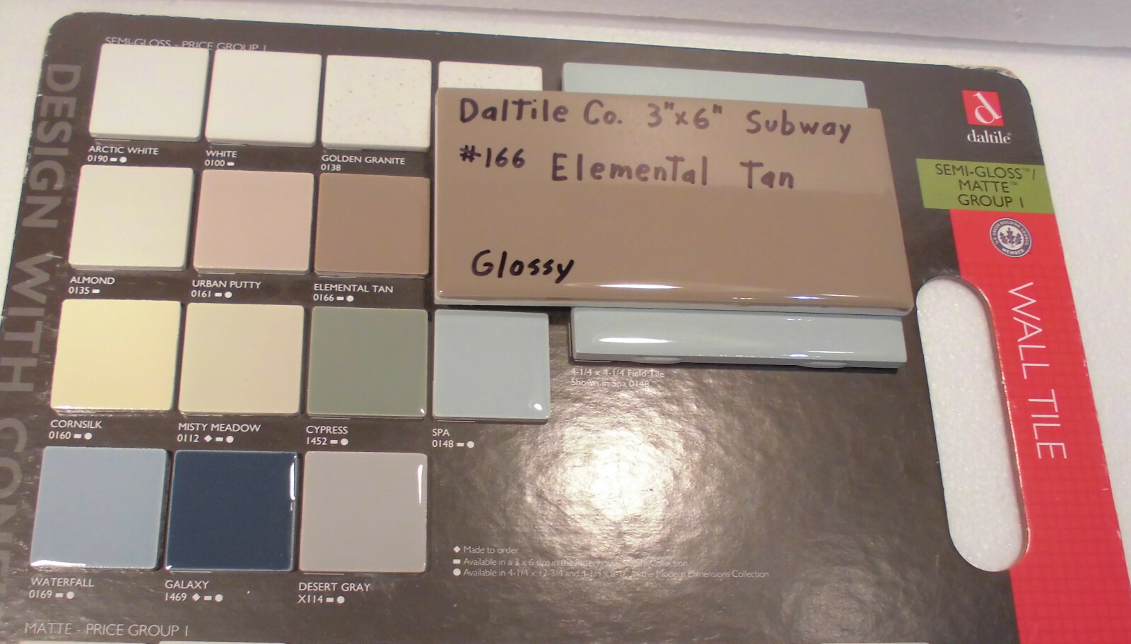 1 pc. Elemental Tan by Daltile #K166; 3″ X 6″ Glossy Ceramic Tile; Light Brown