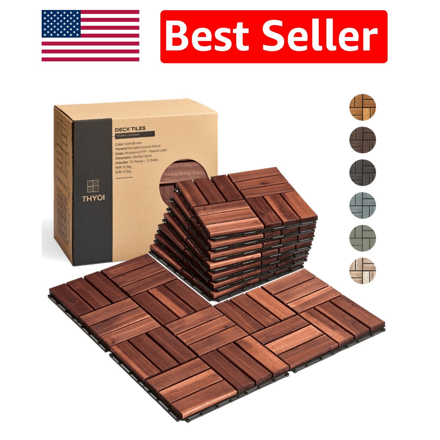Elegant Outdoor Acacia Wood Deck Tiles – Waterproof Set of 10 for All Weather
