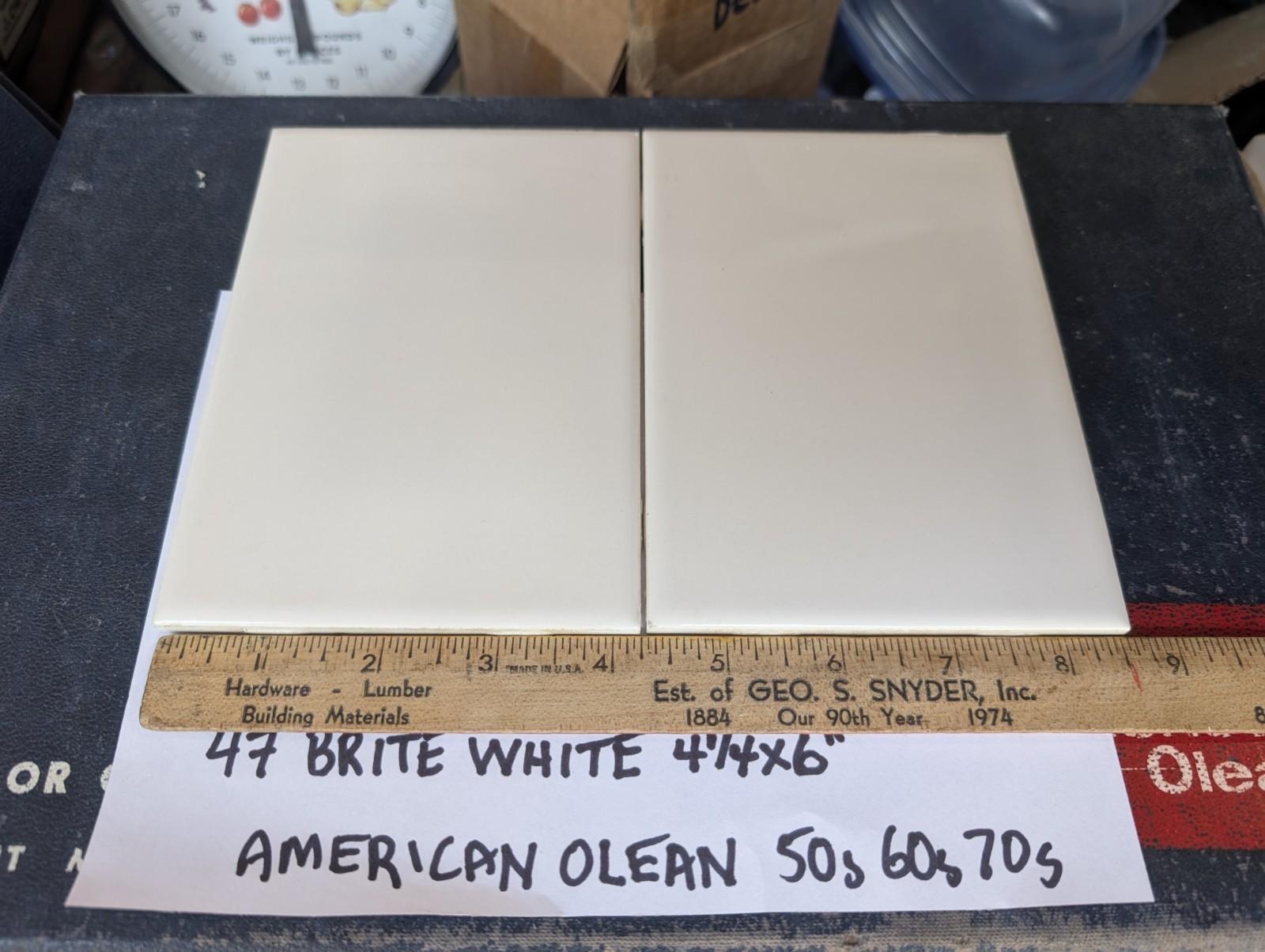 2 pcs American Olean Ceramic Tile Gloss Brite White #47 4-1/4×6″ 1950s 1960s 70s