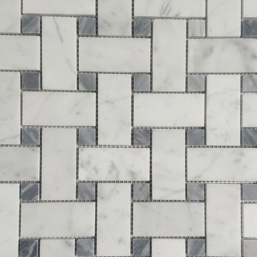C65L7XH Carrara White Marble Basketweave Mosaic Tile Bardiglio Gray Dots Honed