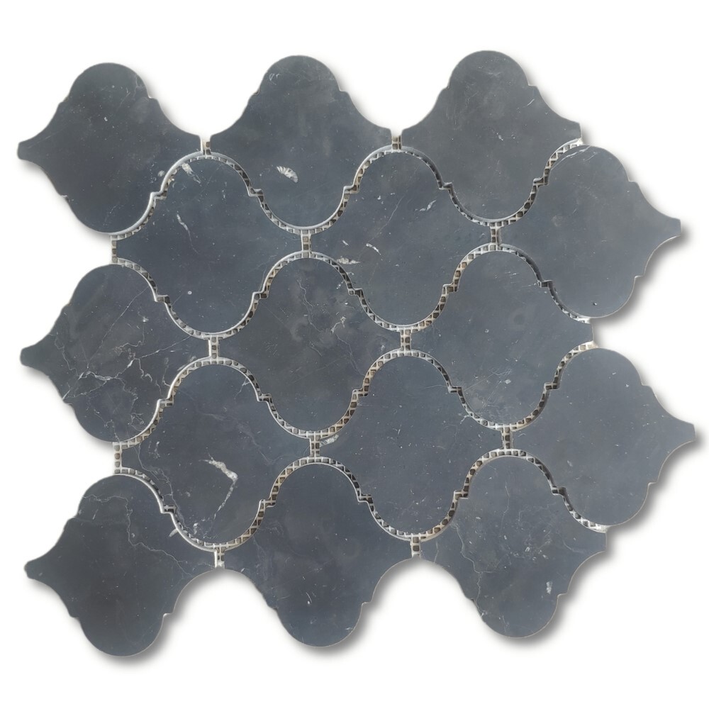 N893XH Nero Marquina Grand Lantern Shape Arabesque Baroque Mosaic Tile Honed