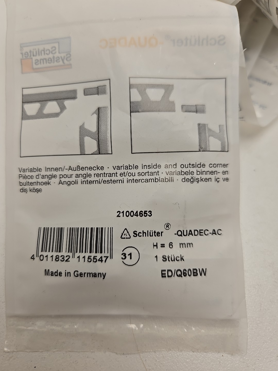 4x Schluter ED/Q60BW Quadec Out Corner 1/4in. Aluminum Bright White