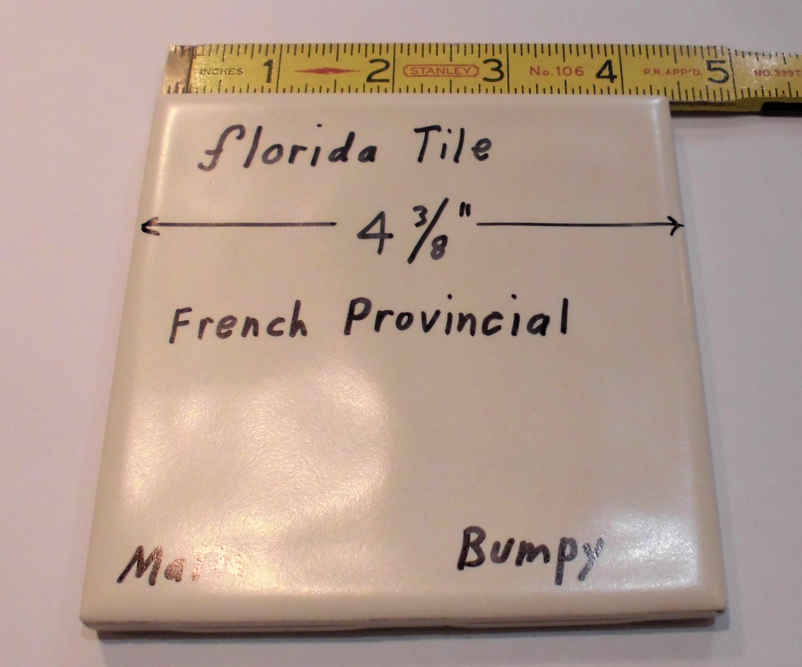 1 pc. French Provincial -Off White: Bumpy Matte Ceramic Tile 4-3/8″ Florida Co.