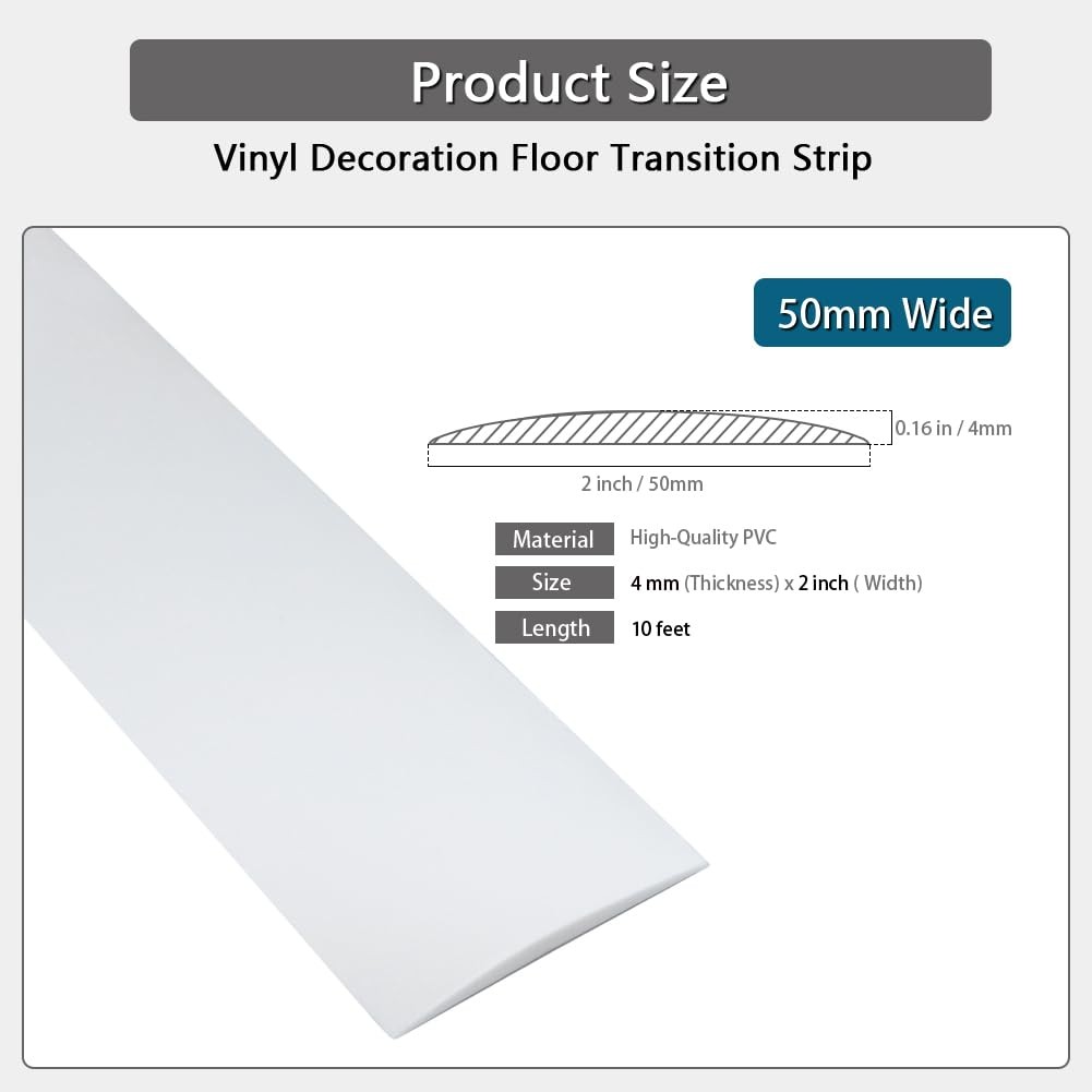 Floor Transition Strip 2″ Self Adhesive Flat Vinyl Flooring 5cm, 10FT, White