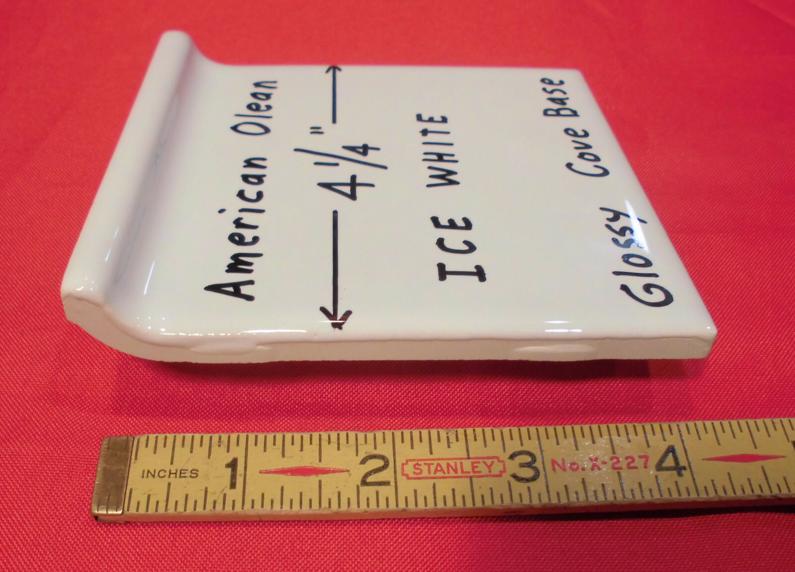 1 pc. Glossy Ice White: stack-on base/cove Ceramic Tile; 4-1/4″ X 4-1/4″ NEW