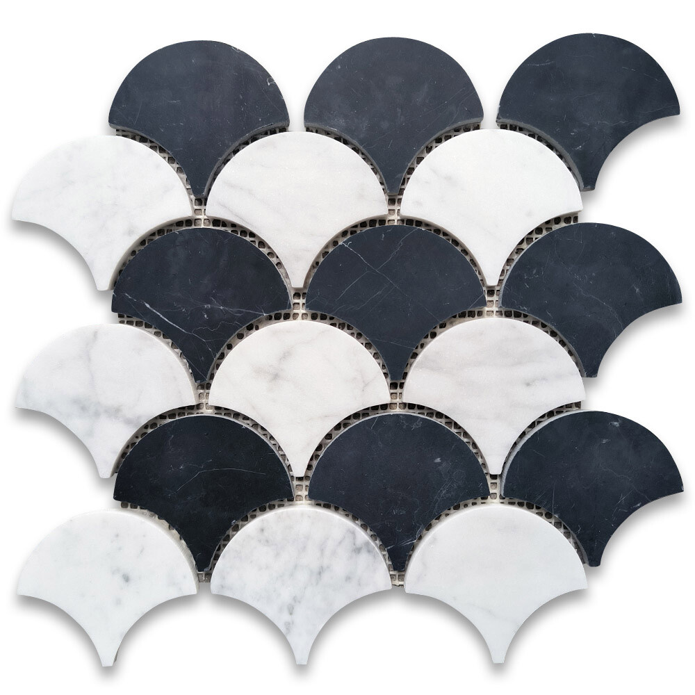 C9931XH Carrara White Nero Marquina Black Marble Fish Scale Fan Mosaic Tile