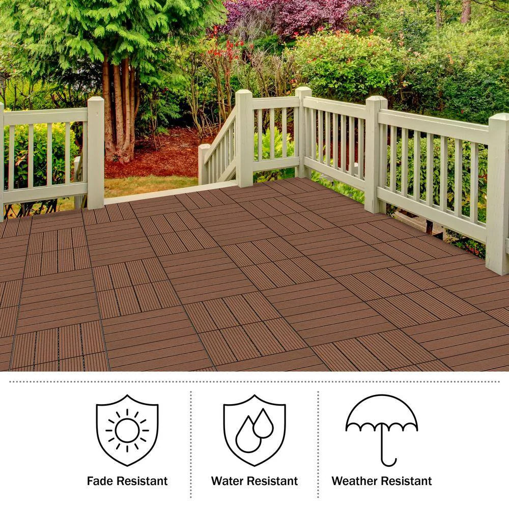 1×1 Patio Deck Tiles Wood Polypropylene Interlocking Flooring Brown 6 Pack