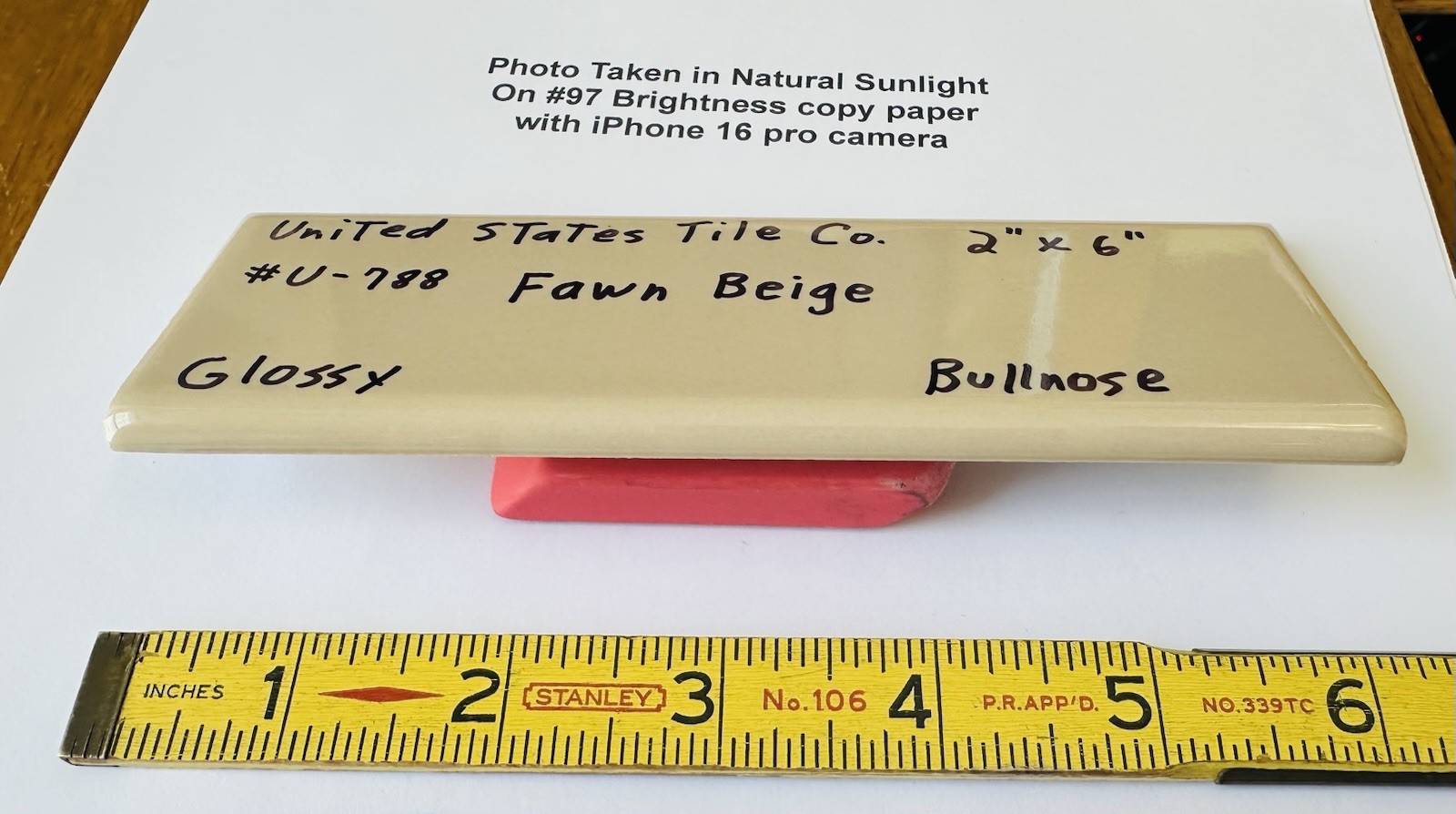 42 pcs. Glossy *Fawn Beige* Ceramic Surface Bullnose Trim Flat Tiles; NOS Mint