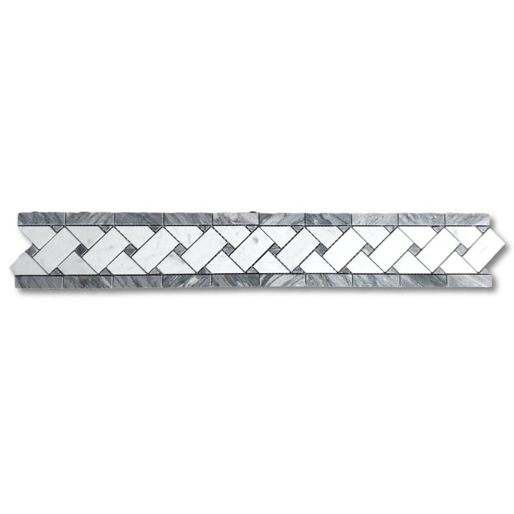 C657BXP Carrara Venato Marble Basketweave Mosaic Border Bardiglio Dot Polished