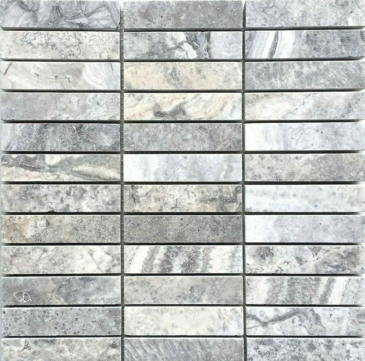 Silver 1×4 Honed Straight Edge Filled Travertine Mosaic Wall Tile (BOX OF 10)