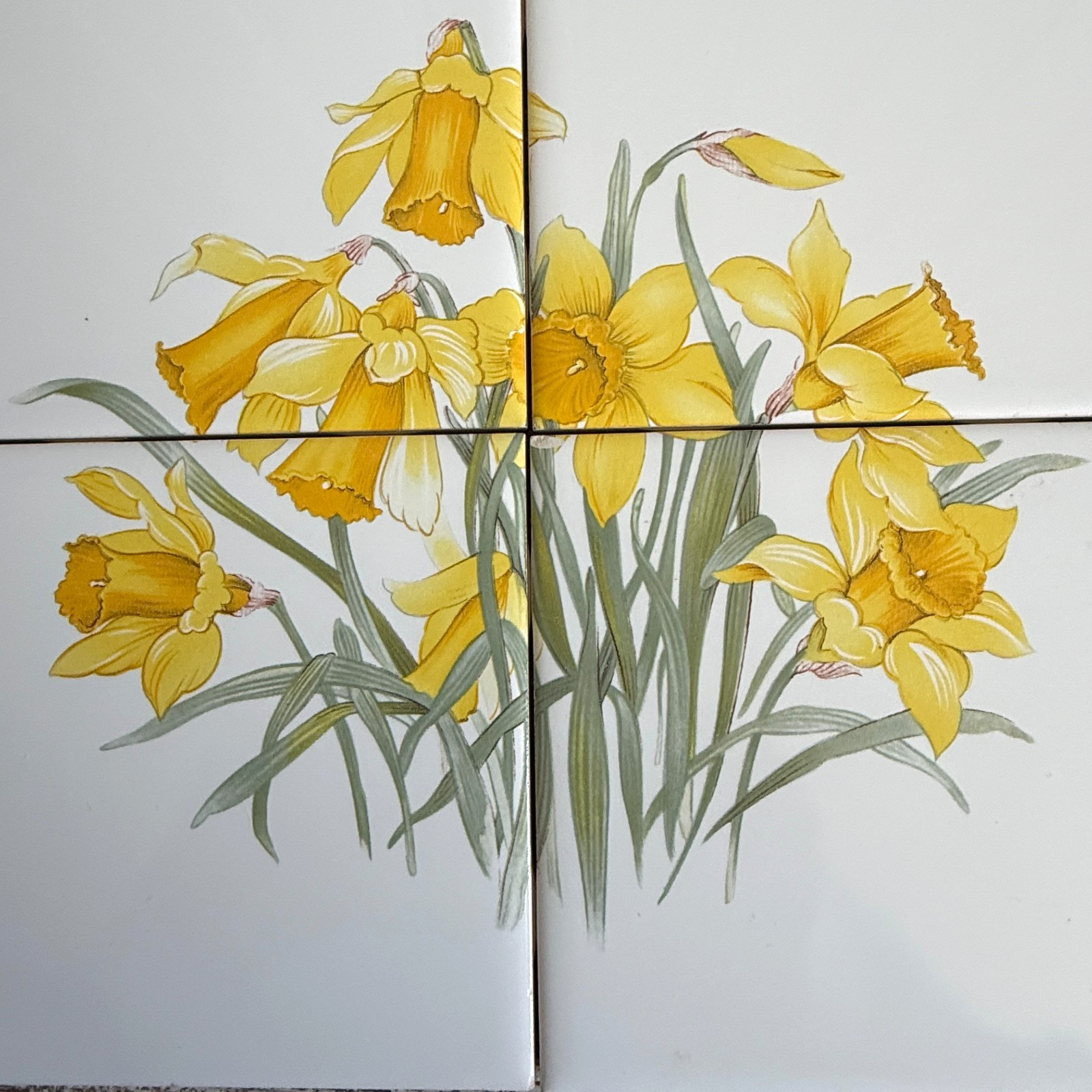 Vintage Yellow Daffodils Tile Mural Set 4 on White USA Wildflower Garden