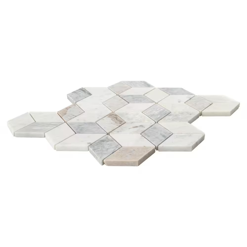 Arabescato Carrara Venato Cube 11 In. X 13 In. Mixed Marble Mesh-Mounted Mosaic