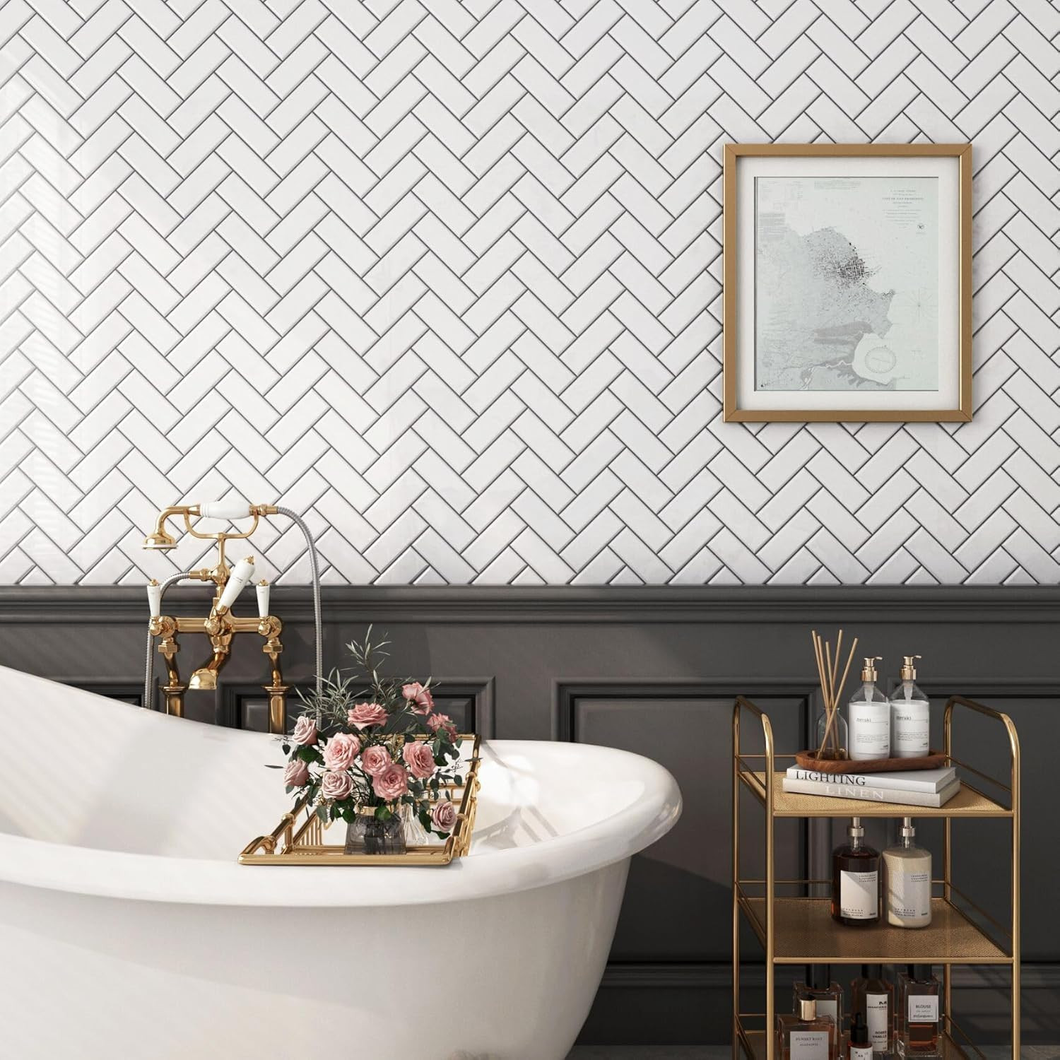 30 Pcs White Herringbone Peel and Stick Backsplash Tiles for Kitchen & Bath
