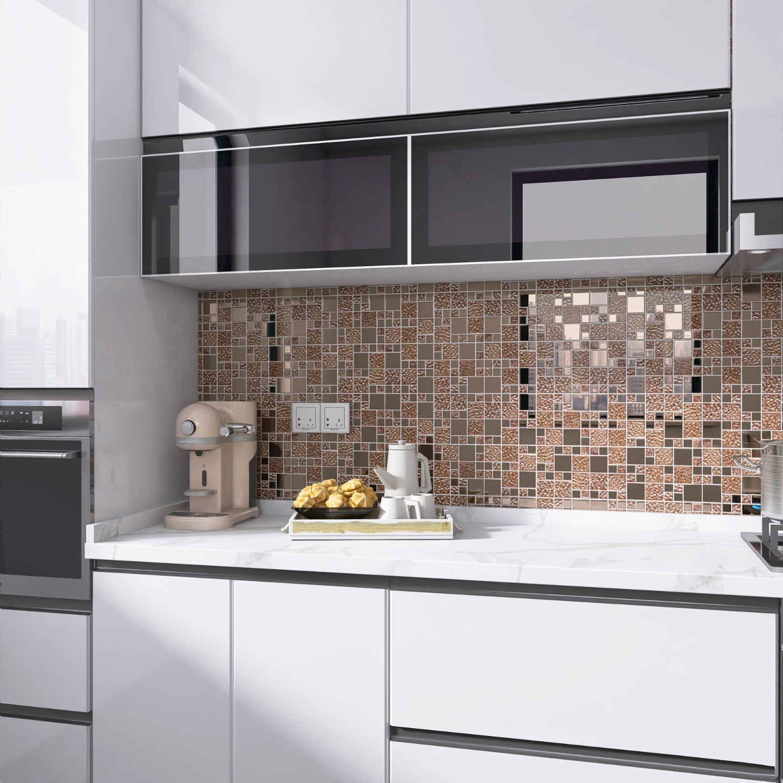 Copper Metal Pattern Textured Glass Mosaic Tile Kitchen Backsplash Wall