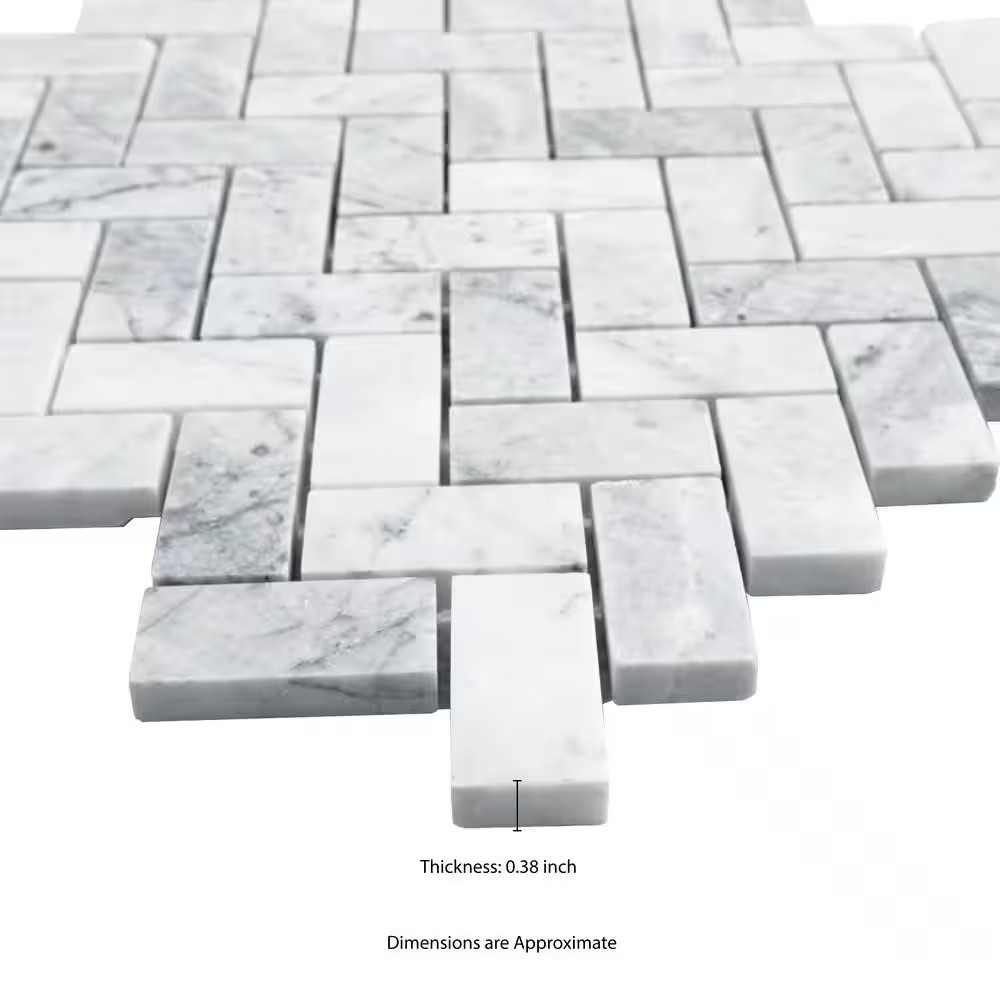 Capri Blue Herringbone 12 In. X 12 In. X 0.38 In. Honed Marble Mesh-Mounted Mosa