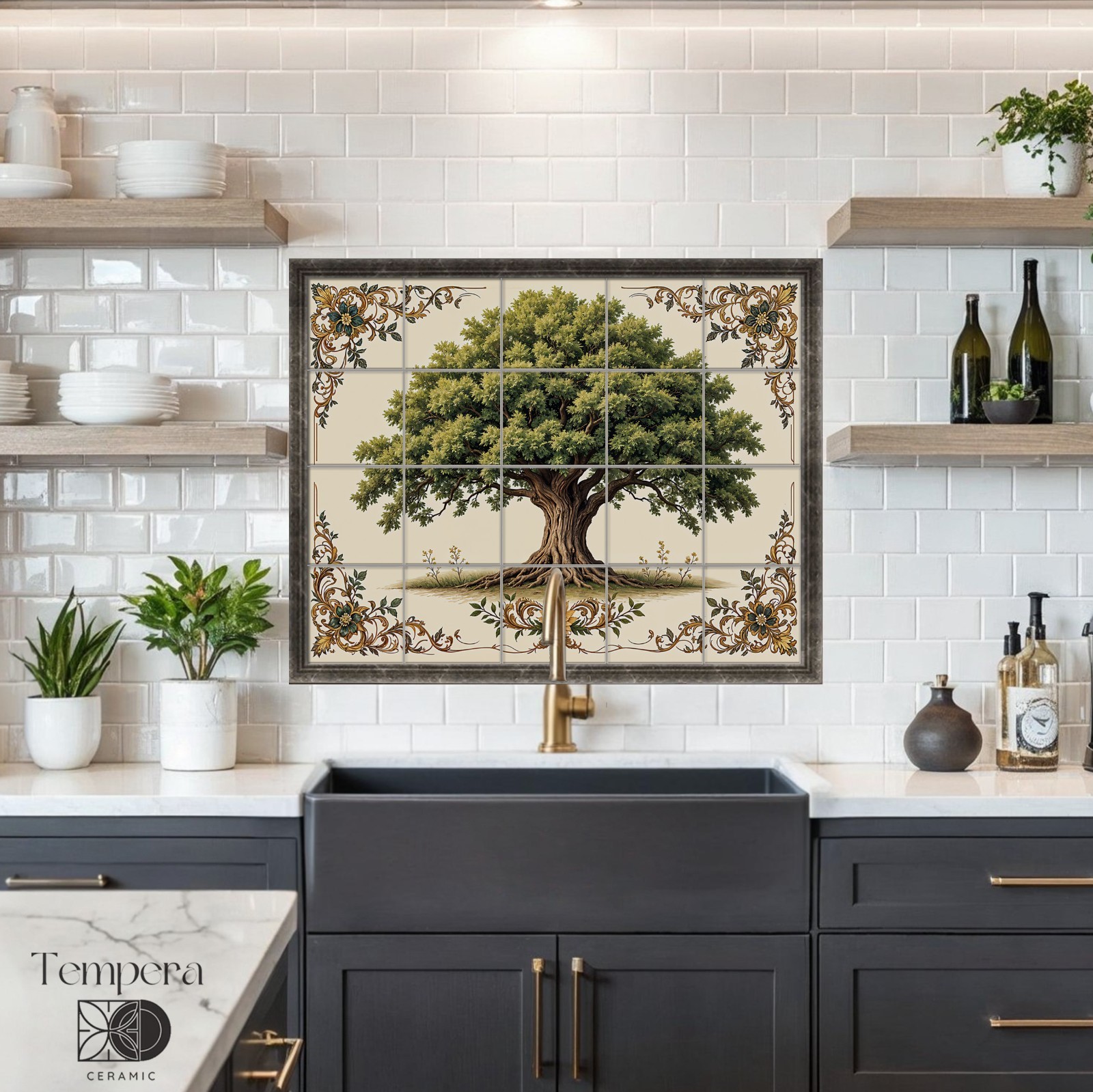 Oak Tree Backsplash Tiles with ornate details for focal point kitchen tiles art