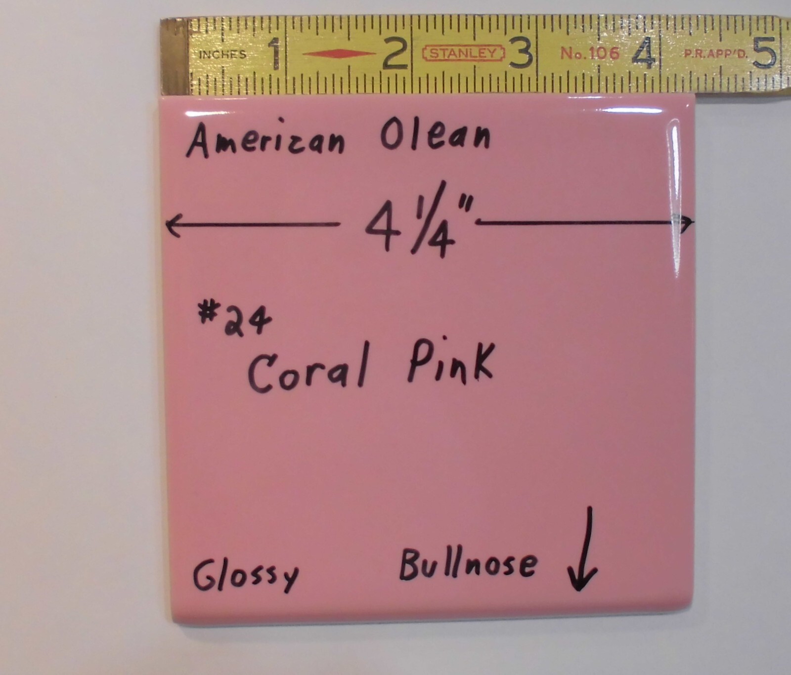 1 pc. Vintage Glossy Ceramic Bullnose Tile 4-1/4” *Coral-Pink* American Olean