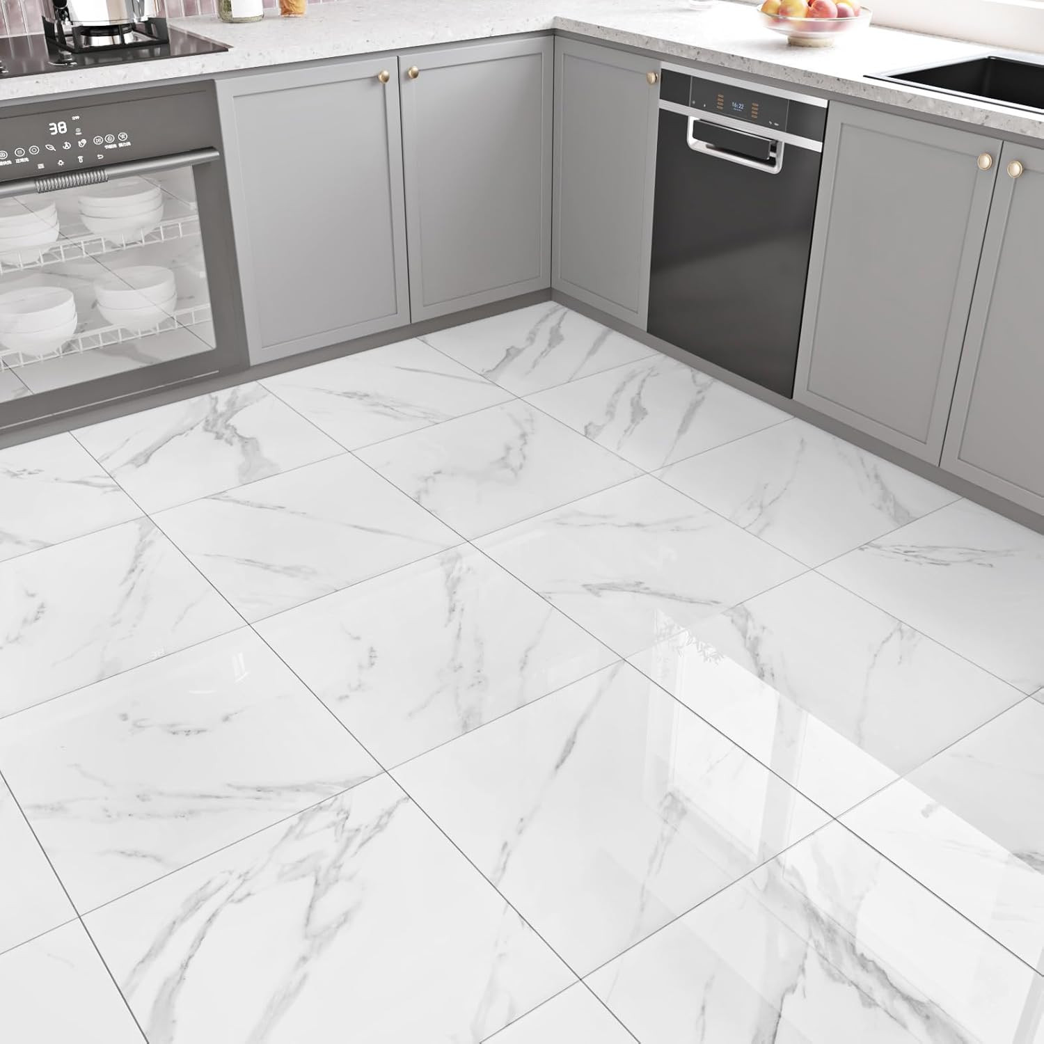 White Marble Peel and Stick Floor Tile Bathroom Waterproof Marble Flooring Tiles