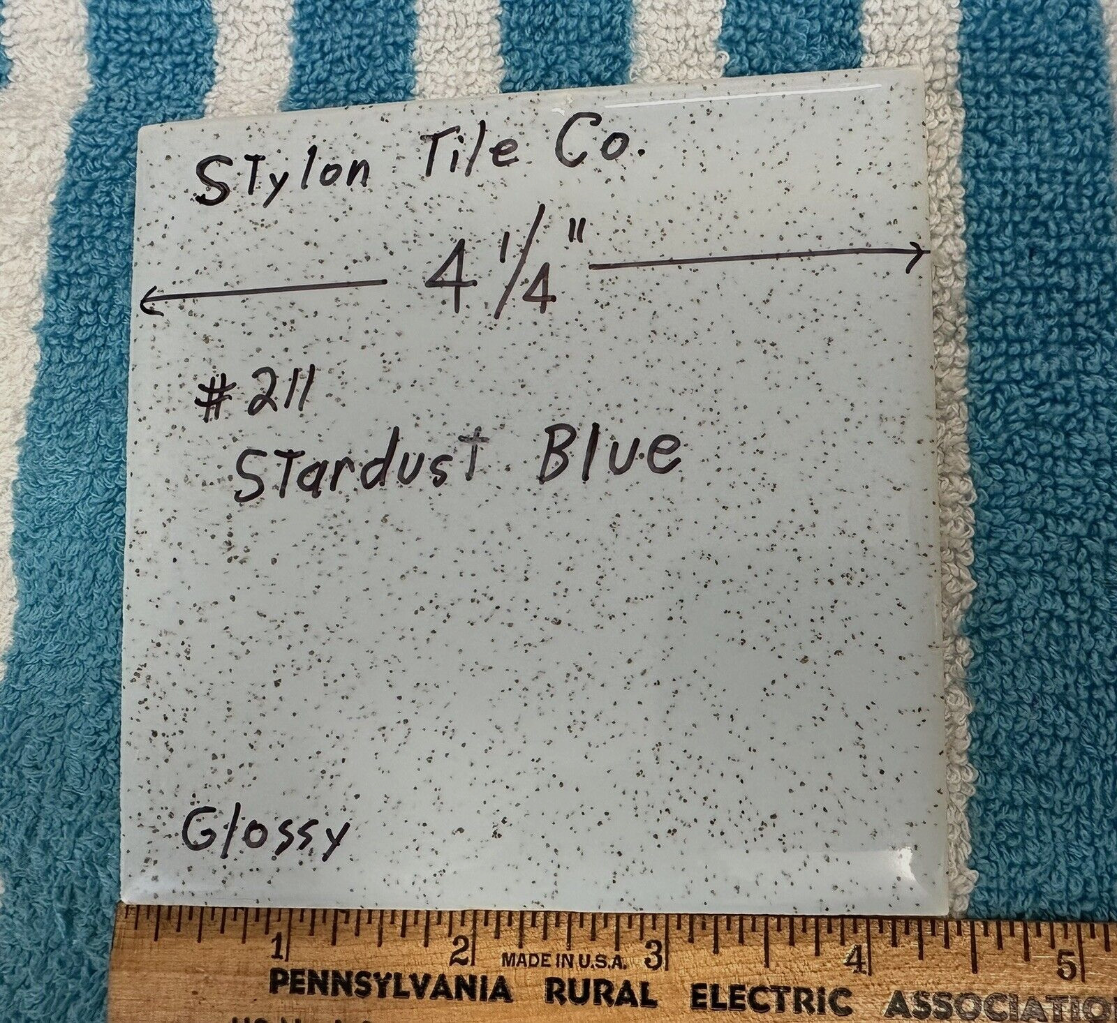 1 pc. Stardust Blue: 4-1/4″ Glossy Speckled Ceramic Tile by Stylon, Clean, Used