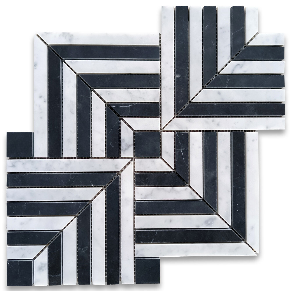 C7K1XH Carrara White Nero Marquina Black Marble Maze Square Weave Mosaic Tile