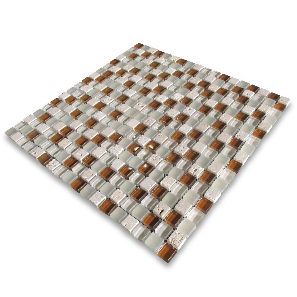 A22003 Glass Mosaic Tile White Brown Glass Beige Travertine 5/8″ Backsplashes