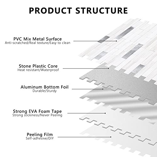 Peel and Stick Backsplash Tile, 10 Dolomite White Marble Mixed Metal Silver