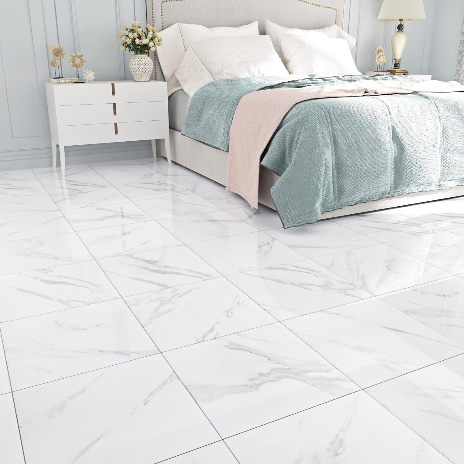 White Marble Peel and Stick Floor Tile Bathroom Waterproof Marble Flooring Tiles