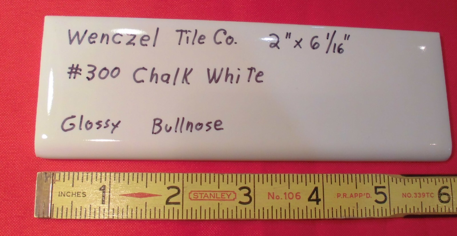 1 pc. Chark White: Glossy Ceramic Bullnose Tile by Wenczel 2″ X 6-1/16″ NOS