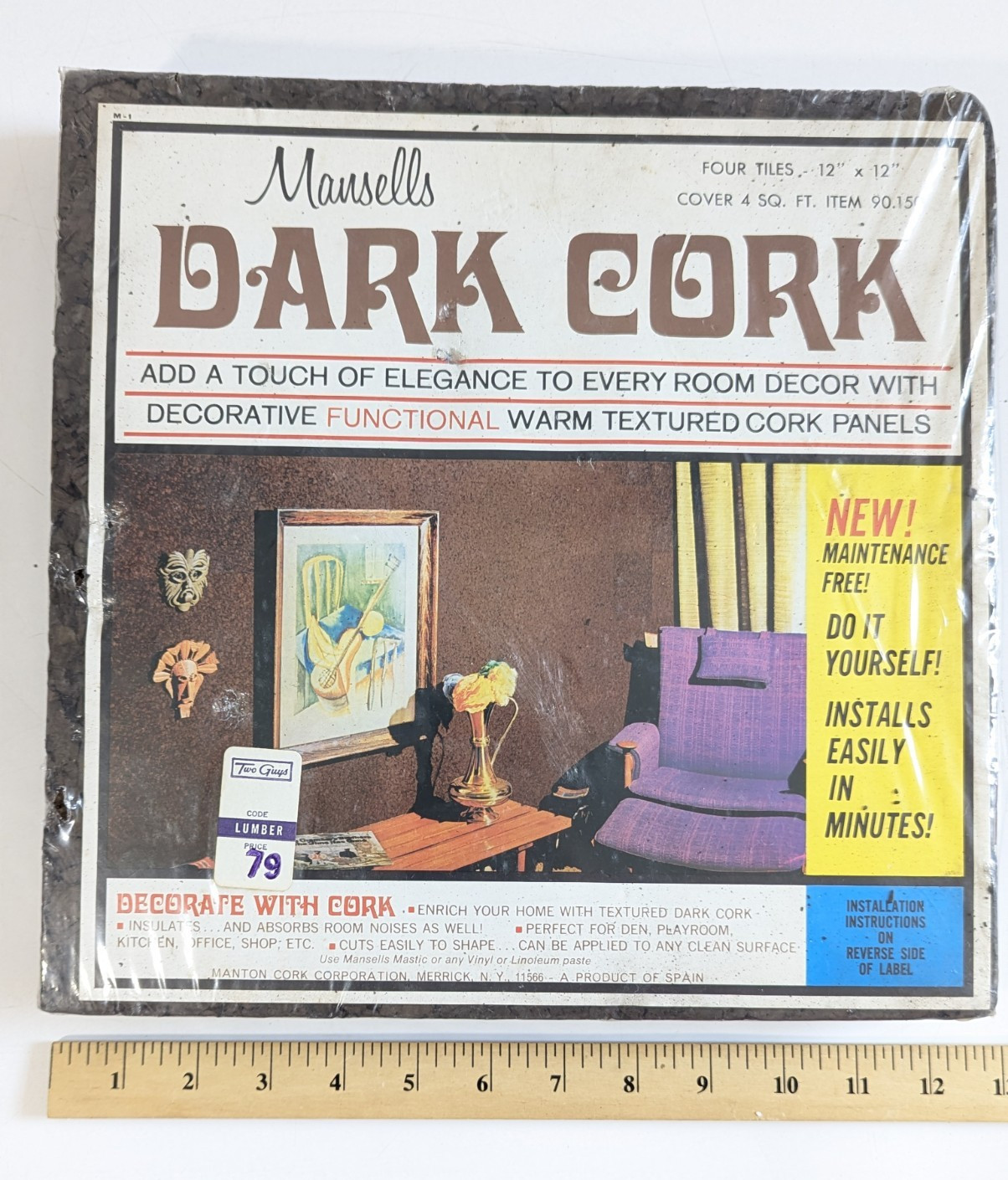 Vintage Mansells Cork Tiles, 12 x 12 70’s Prop 4ft Rare,Dark Mediterranean Brown