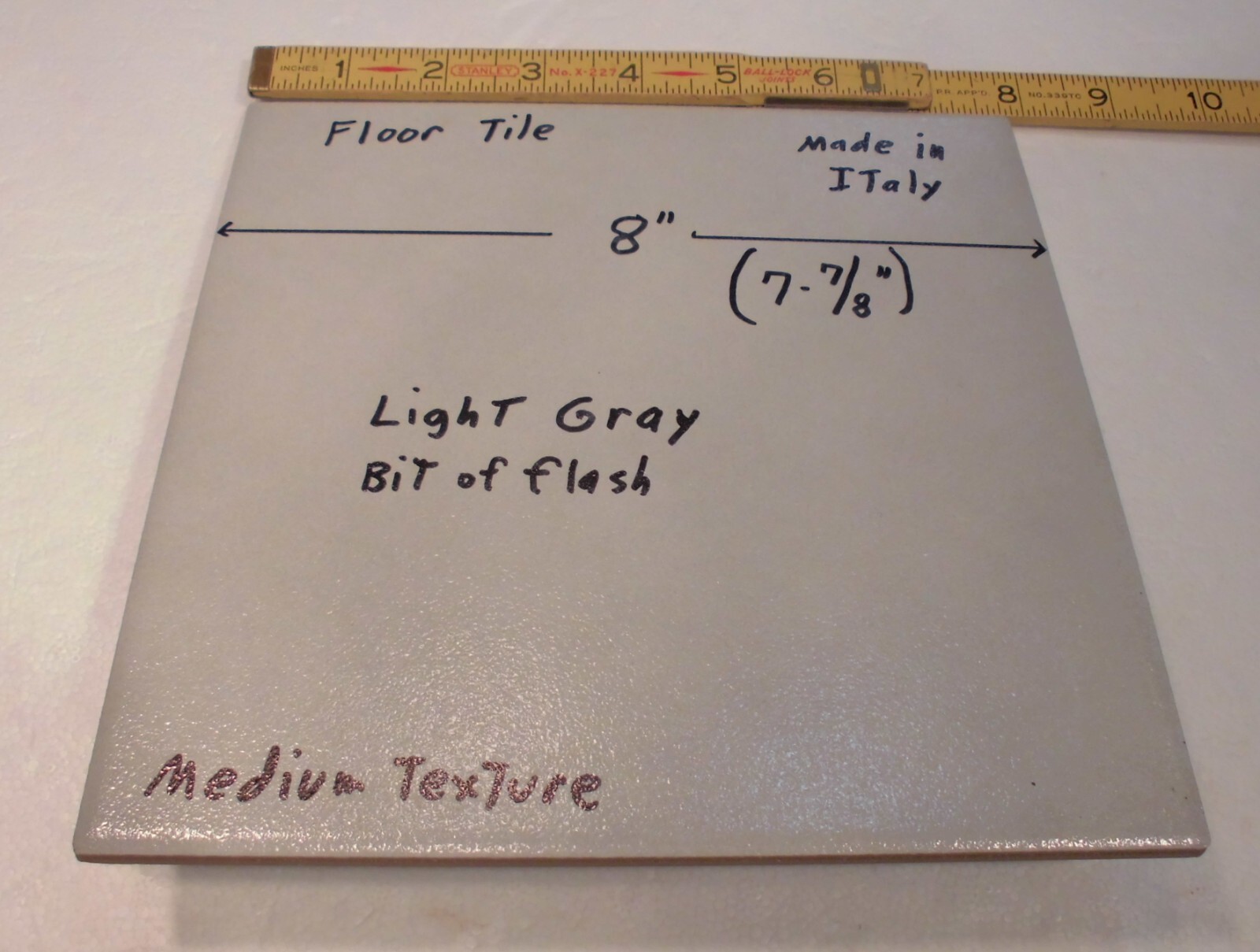 1 pc. “Light Gray” 7-7/8″ Ceramic Floor Tile: Medium Textured, Italian, flash
