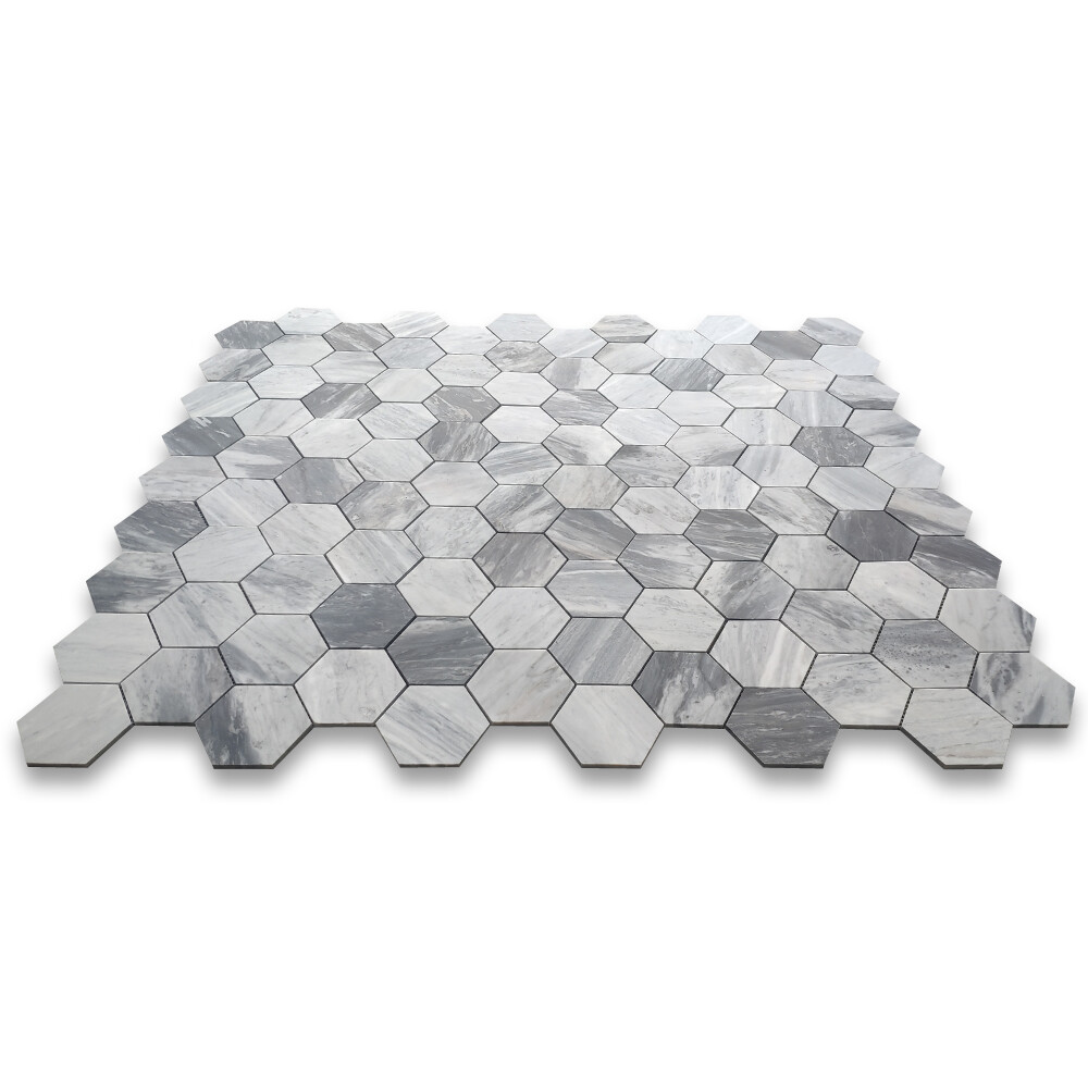 K34XP Bardiglio Gray Dark Grey Marble 4″ Hexagon Mosaic Tile Polished