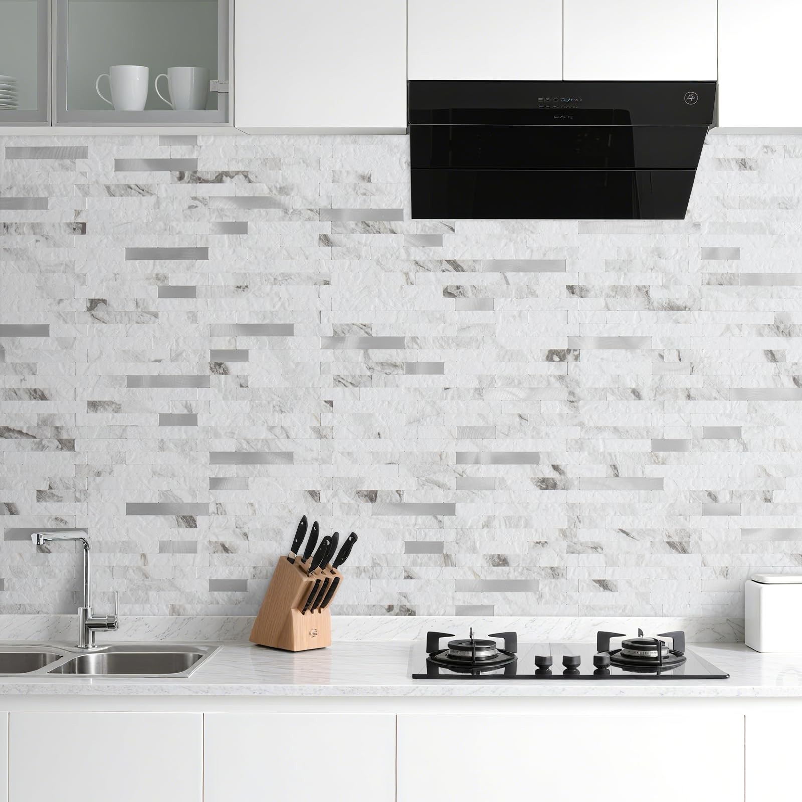 20 Sheets White Marble Peel and Stick Backsplash Tile, Faux Stone PVC Mixed M…