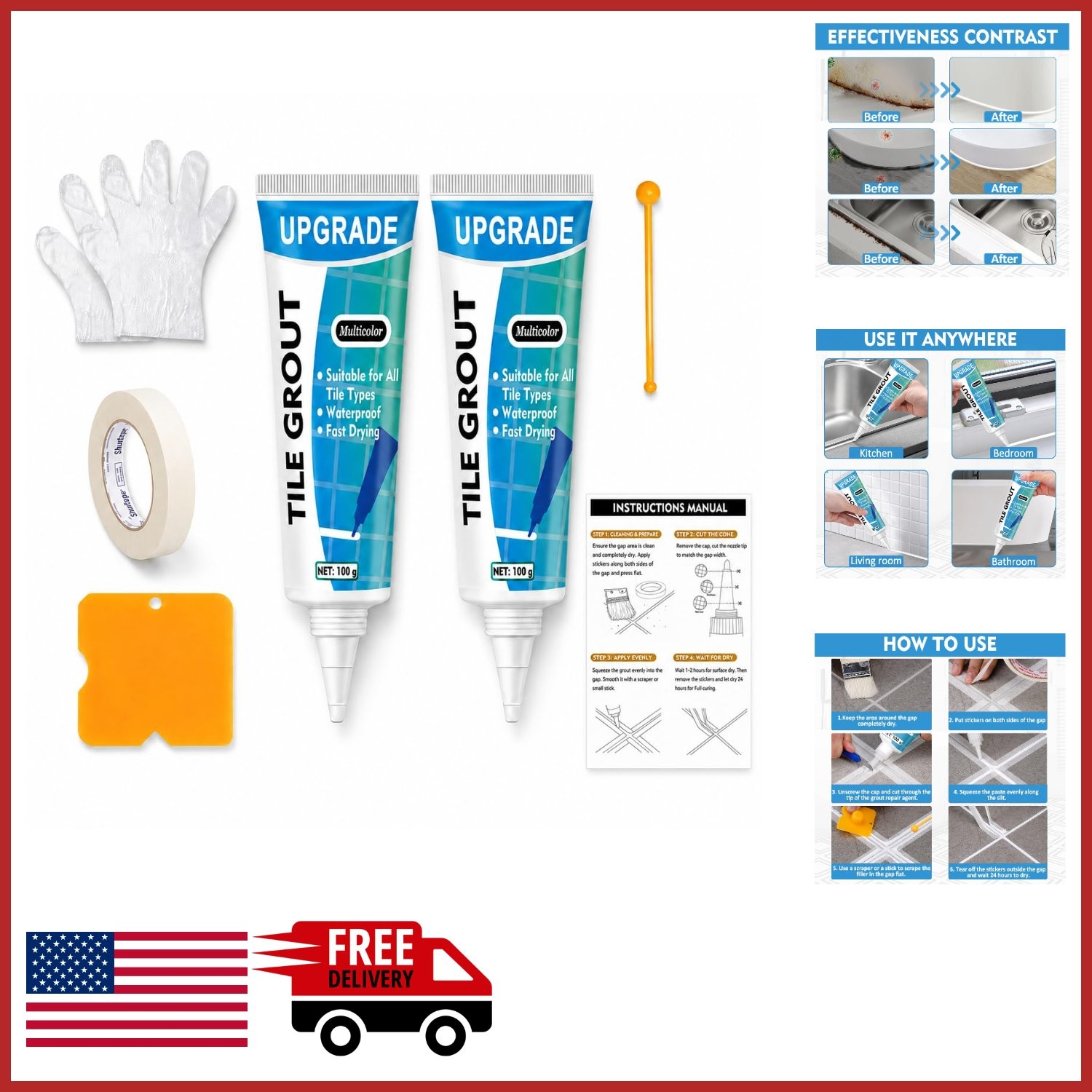 Fast Drying Tile Grout Repair Kit 2 Pack for Shower Bathroom Kitchen Floors