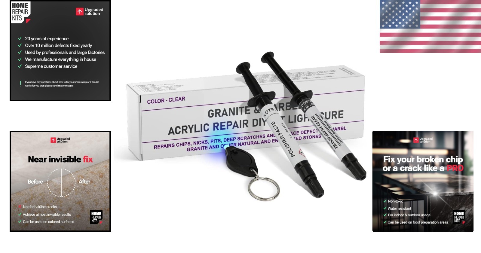 Permanent Granite, Marble & Quartz Repair Kit with Integrated Lighting Unit
