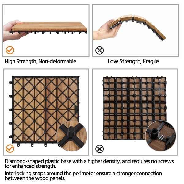 10 PCS Waterproof Acacia Wood Interlocking Flooring Tiles for Outdoor & Indoor