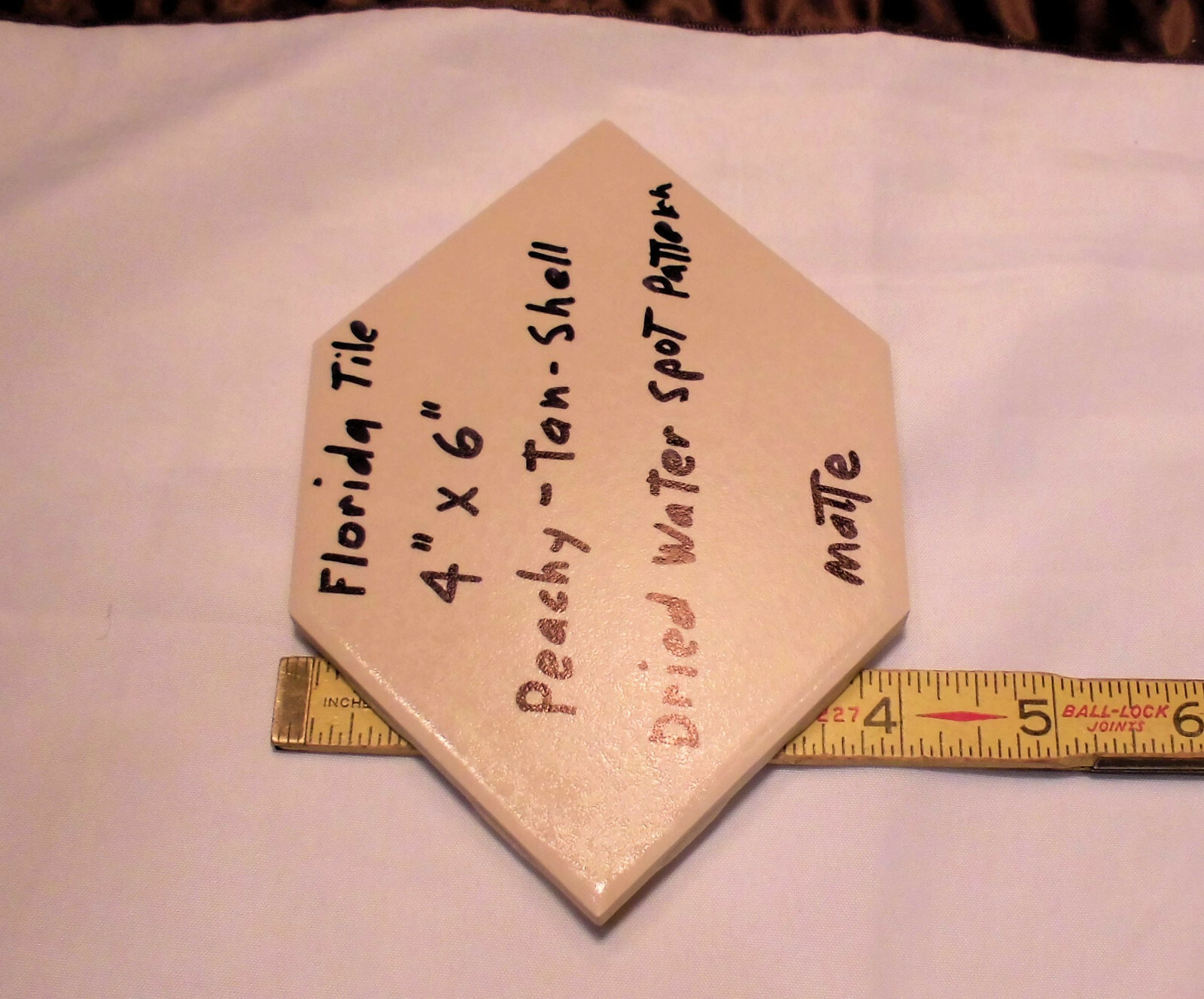 1 pc. Hexagon 4″ X 6″ Peach-Tan-Shell Ceramic Tile; Crystal Glazed; Florida Co.