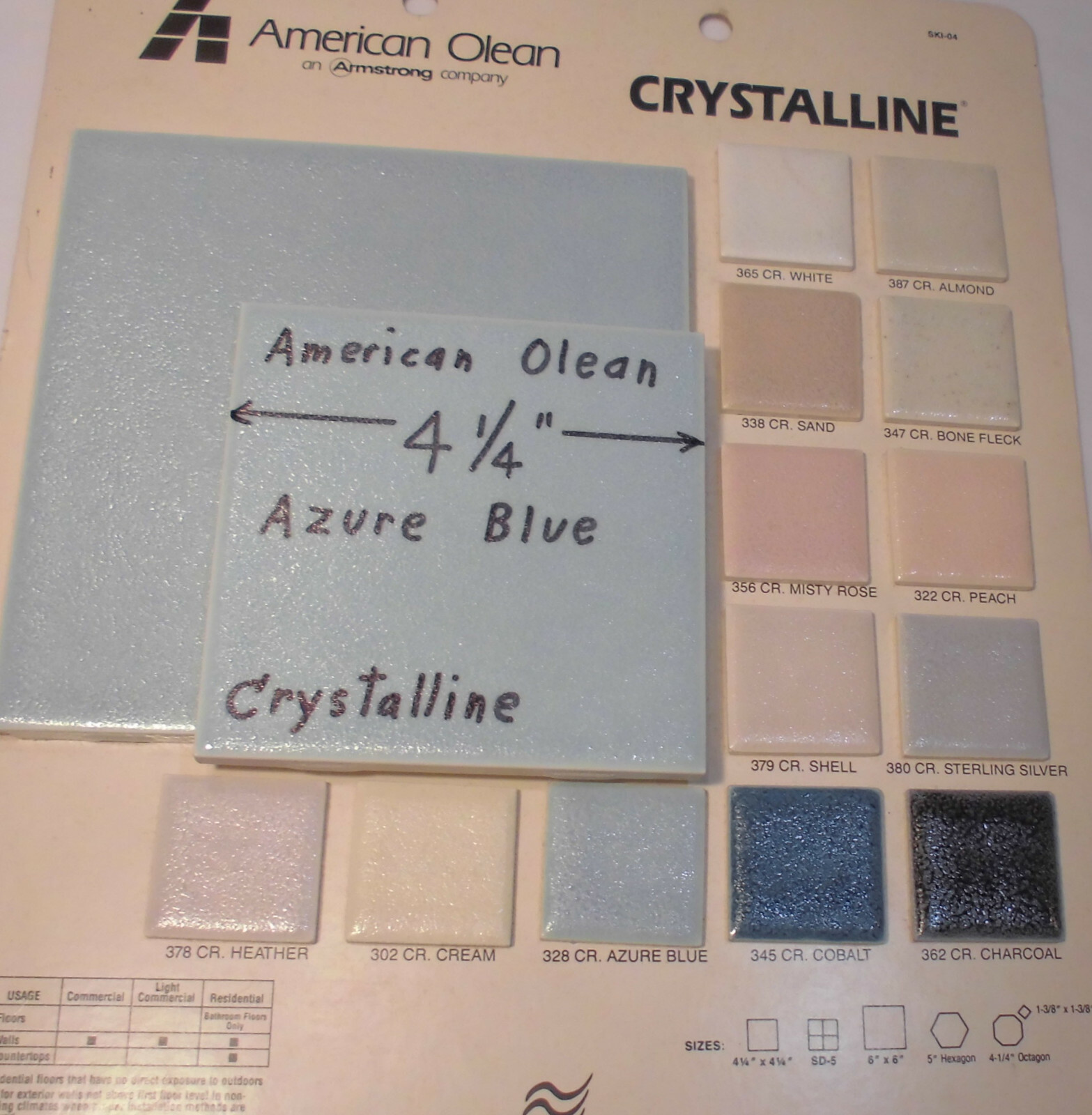 1 pc. *Blue* Ceramic Tile *Crystalline Glazed* by American Olean Co. 4-1/4″ NOS