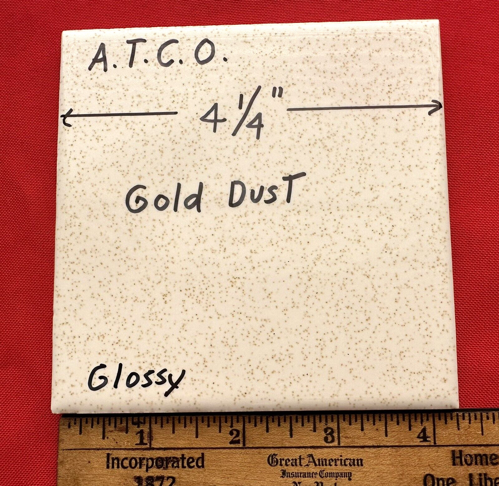 1 pc. *Gold Dust* 4-1/4″ Glossy Ceramic Tile: by A.T.C.O. white + gold specks