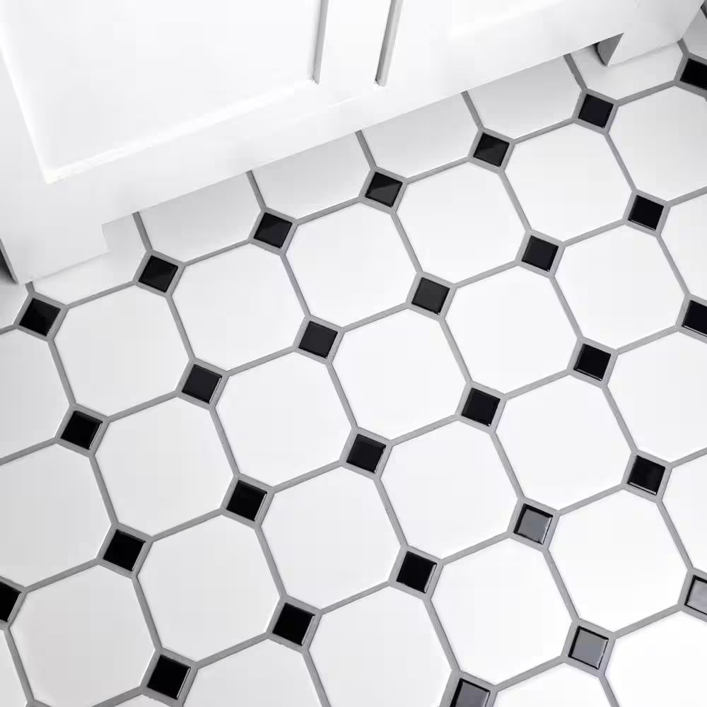 Metro Octagon Matte White with Black Dot 11-1/2 In. X 11-1/2 In. Porcelain Mosai