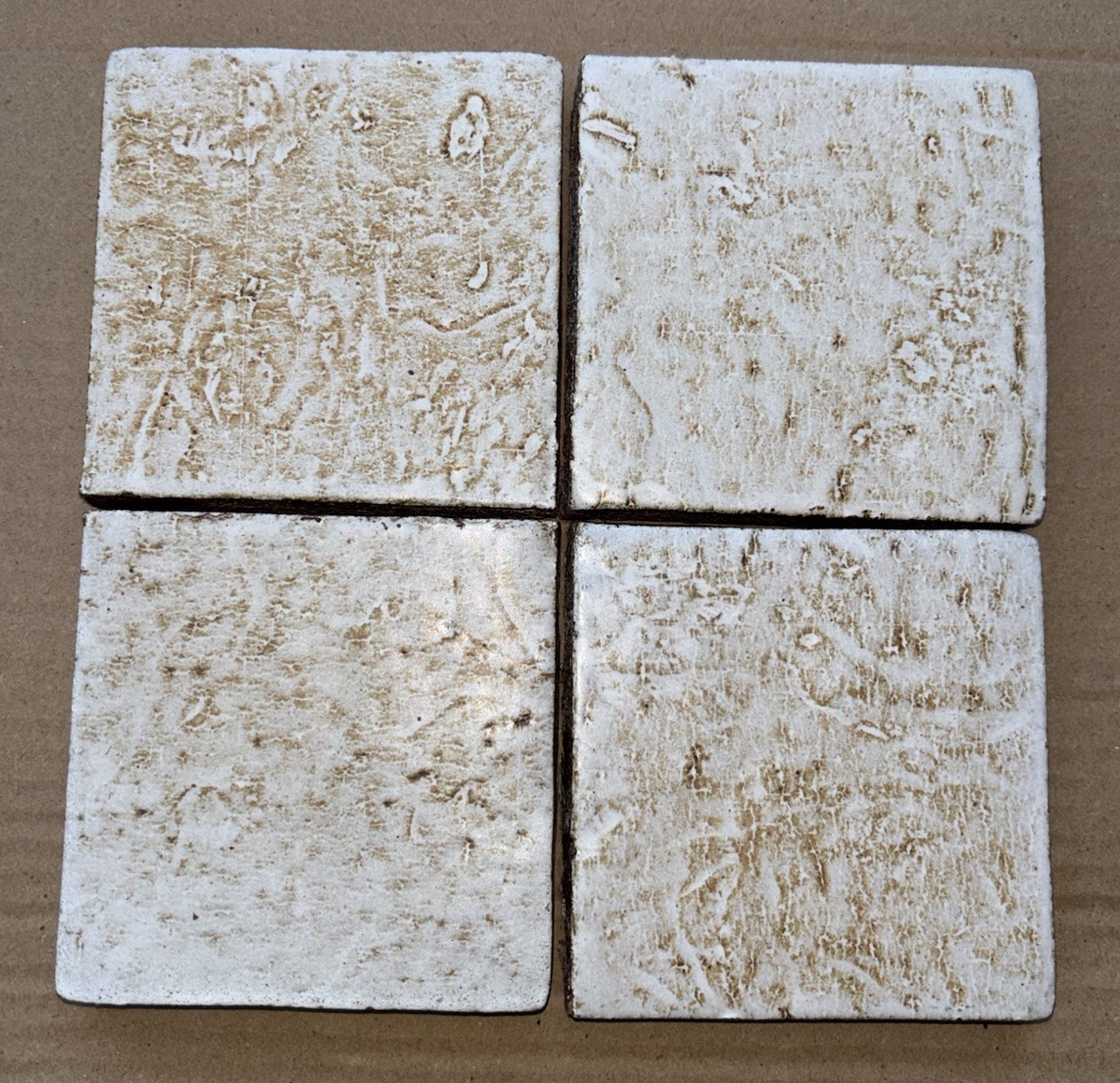 4 Vintage Hand Made Mottled Glazed Field Tile THICK 3 7/8″sq Set of 4 NOS #A