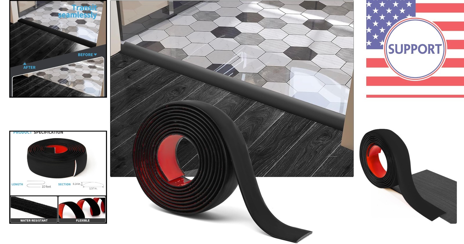 Elegant 10 FT Self-Adhesive Vinyl Floor Transition Strip – Black, 1.57 in Wide