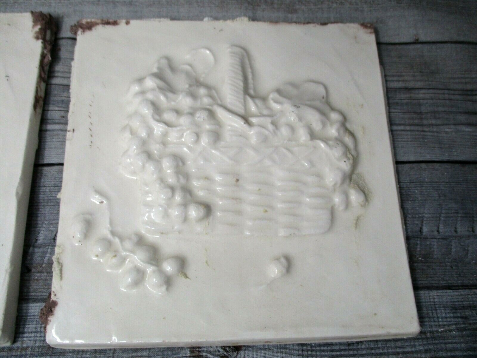 Vintage Ceramic Tile 6 inch white raised grape fruit basket country kitchen