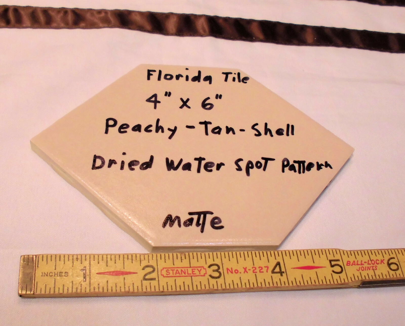 1 pc. Hexagon 4″ X 6″ Peach-Tan-Shell Ceramic Tile; Crystal Glazed; Florida Co.