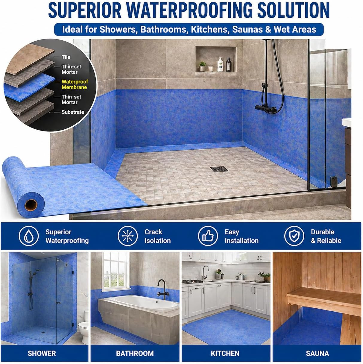 Professional Waterproof Membrane for Shower,5In X 100Ft(42 Sq Ft), Superior Wate