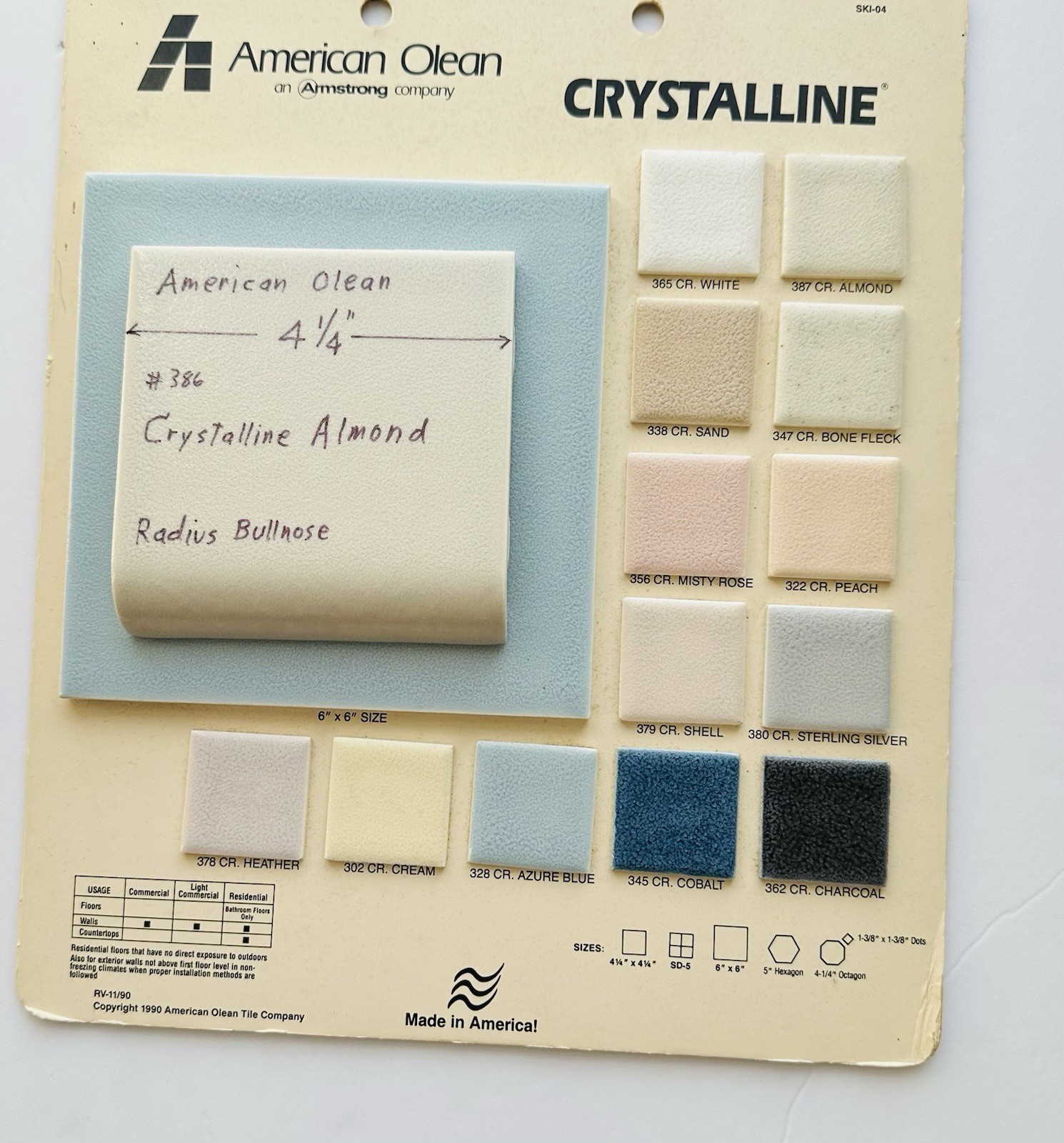 1 pc. Almond: Crystalline Ceramic Radius Bullnose Tile 4-1/4” American Olean