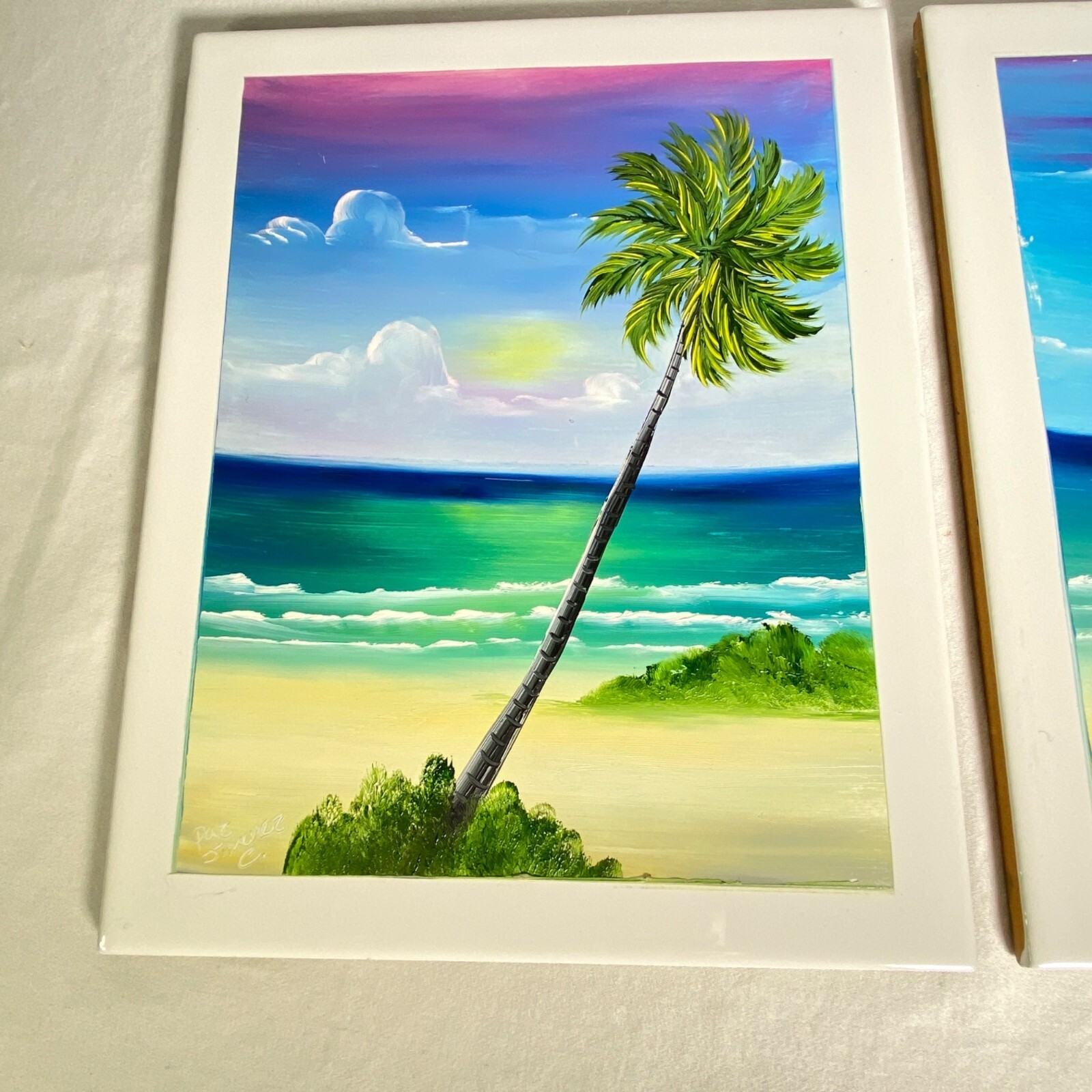 2 Hand Painted Ceramic Tile Wall Art Backsplash Border Mexico Ocean Palm Tree