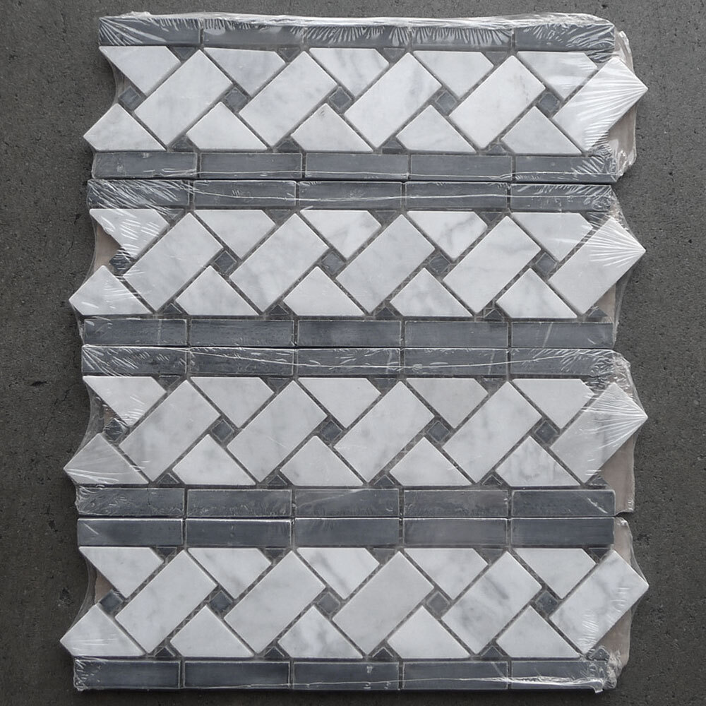 C651BXH Carrara Venato Marble Basketweave Mosaic Border 4×12 Black Dots Honed
