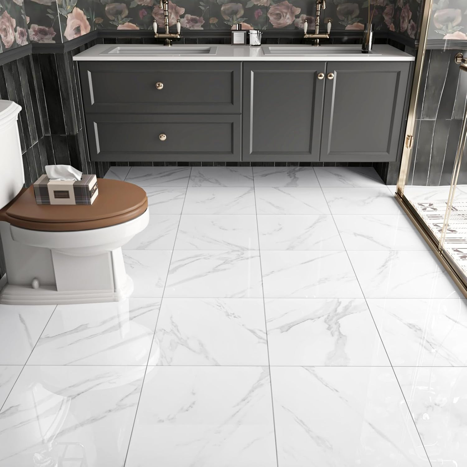 White Marble Peel and Stick Floor Tile Bathroom Waterproof Marble Flooring Tiles