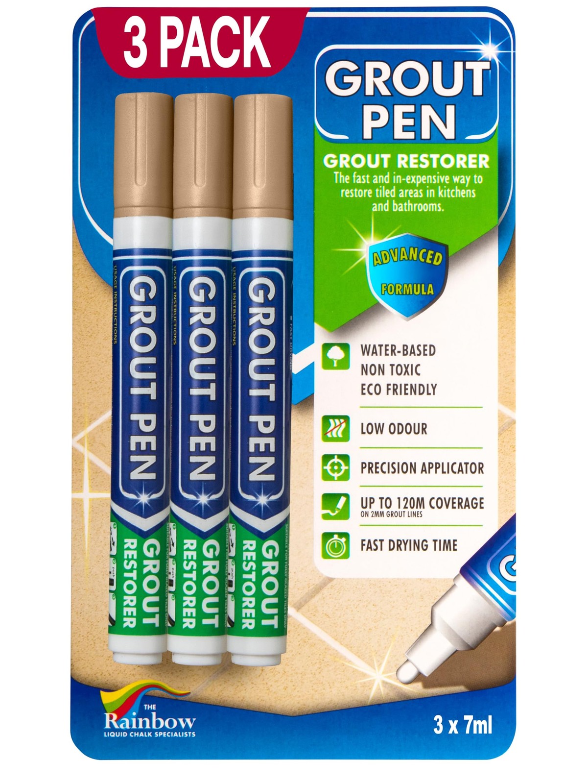 Grout Pen Beige Waterproof Sealer Pen Narrow 5mm Tip 7mL 3 Pack