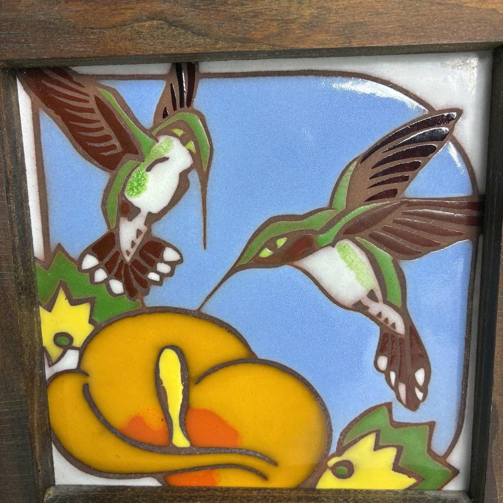 Hummingbirds & Flower Tile Art Framed Made in Italy 7 1/2 X 7 1/2 Wood Framed